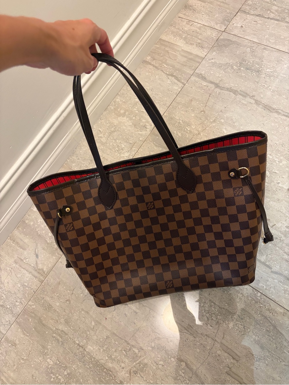 Brown Checkered Tote Bag with Red Interior